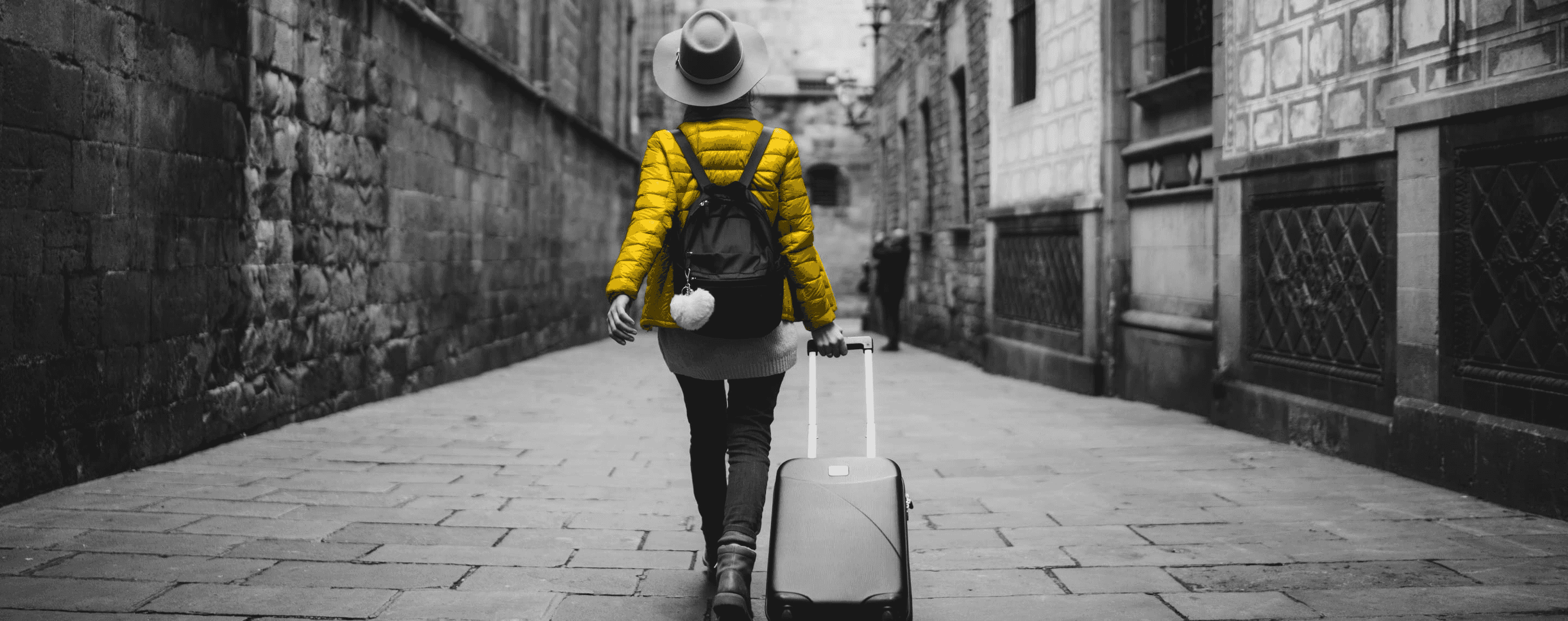 gelbe jacke, koffer reise, stadt gasse, hertz autovermietung